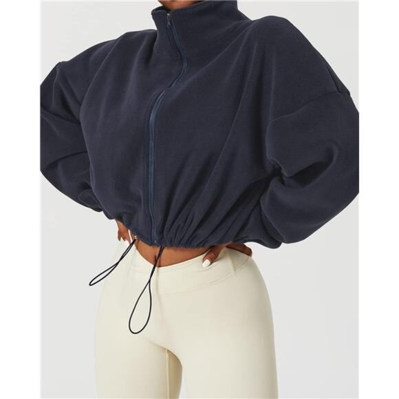 Women's Full Zip Fleece Short Jacket Warm Winter Long Sleeve Stand Collar - Picture 6 of 7